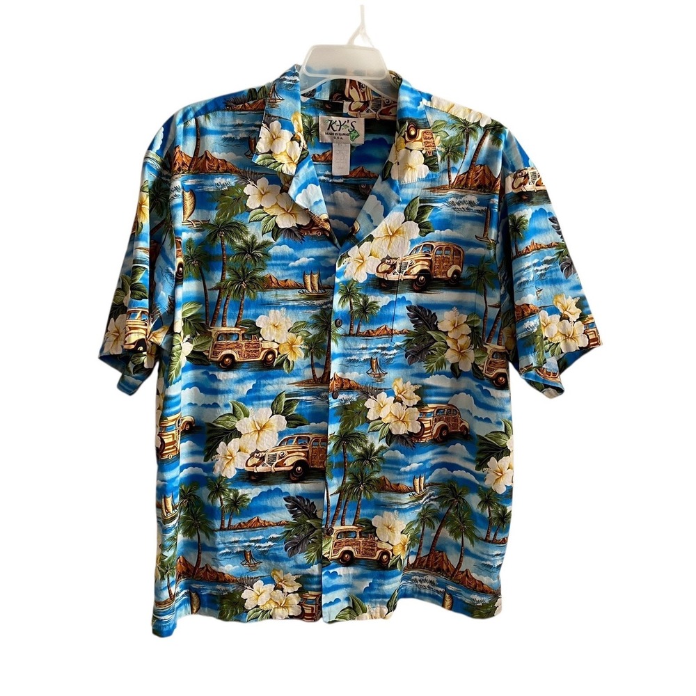 KY'S Hawaiian Shirt Mens 2XL Blue Button Up Vintage USA Hawaii Made Aloha